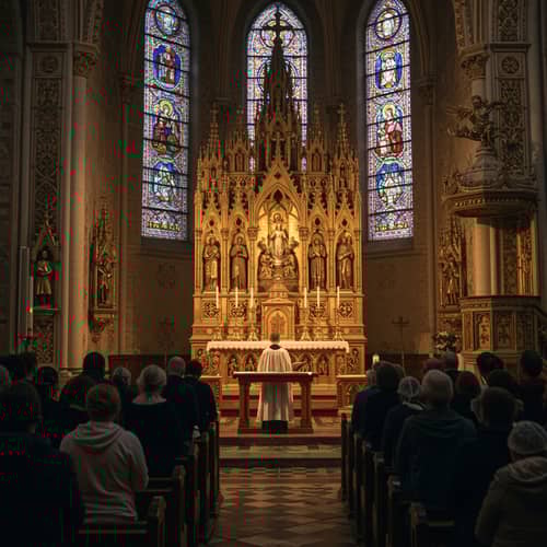 Church Interior with Worshippers Near the Altar Church Interior with Worshippers Near the Altar