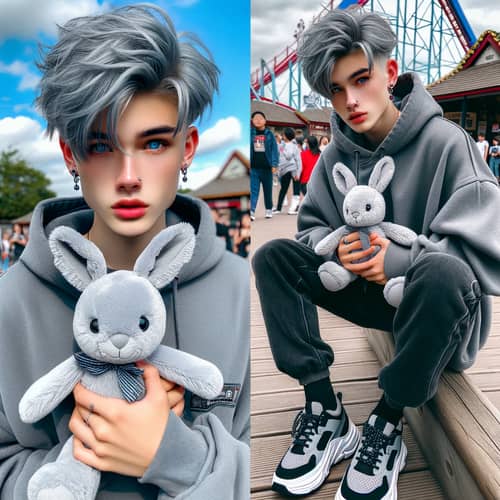Trendy East Asian Teen with Blue Eyes and Grey Hair Enjoying Theme Park with Cute Rabbit Teddy