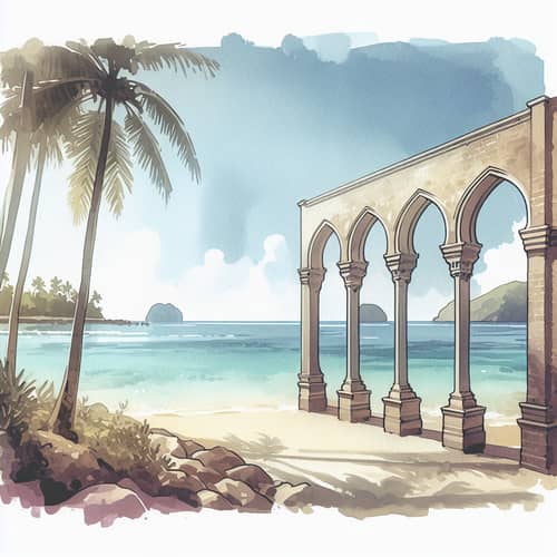 Tranquil Beach Landscape with Four Arched Portals Overlooking Ocean