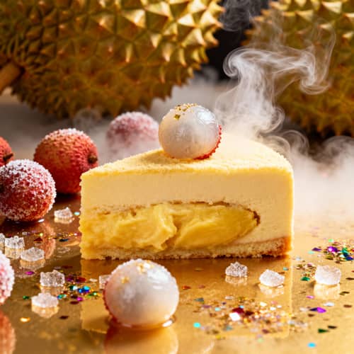 Delicious Durian Cake with Unique Lychee Spheres