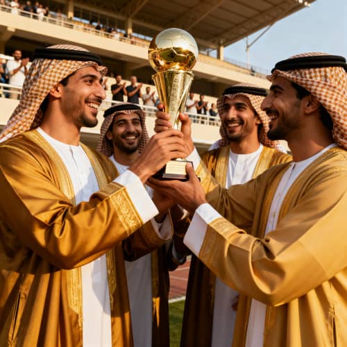 Arab Team Celebrates Victory with Winning Cup Arab Team Celebrates Victory with Winning Cup
