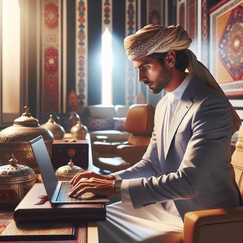 Professional Omani Man Working in Well-Lit Office | Culture-Inspired Workspace