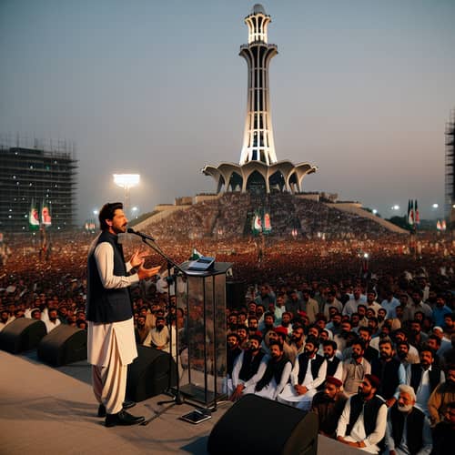 Passionate Political Leader Addresses Diverse Crowd at Landmark Tower