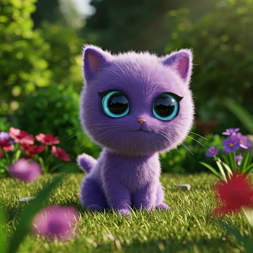 Fluffy Purple Cat Sitting in the Garden - 3D Animation