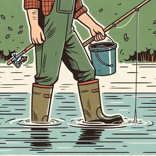 Fisherman Stepping into River with Bucket and Fishing Rod