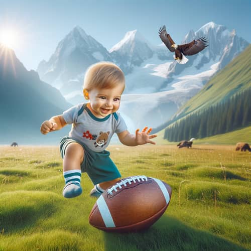 Cute Baby Boy Playing Football on Green Mountain Field