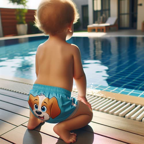 Adorable Toddler in Paw Patrol Swim Shorts by Well-Lit Poolside