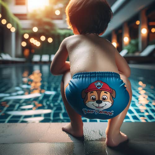 Adorable Toddler in Paw Patrol Swim Shorts at Poolside