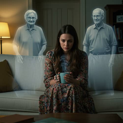 Melancholic Woman Reflects on Family Spirits