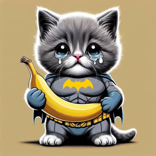 Adorable Gray Kitten in Batman Suit Holding a Banana
