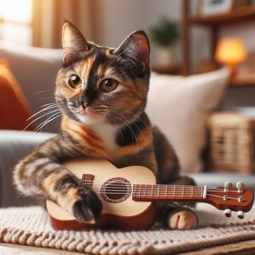 Enchanting Scene: Cat Playing Guitar in Cozy Living Room
