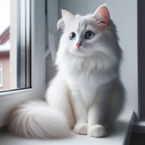 White Cat with Piercing Blue Eyes on Windowsill