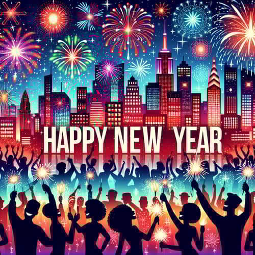Vibrant New Year Celebration with Fireworks over City Skyline