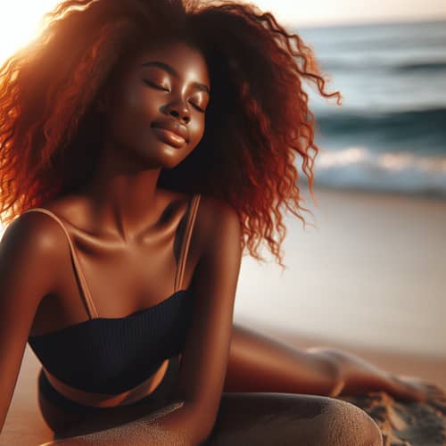 Serene Beach Scene: Black Woman with Ginger Hair Enjoying Sensational Soles
