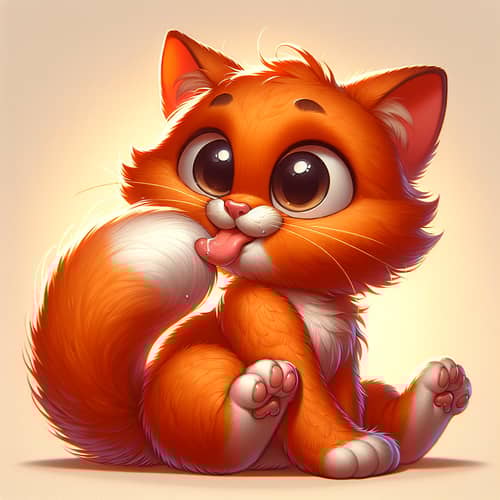Adorable Cartoon Cat Licking Paw | Vibrant Orange Feline