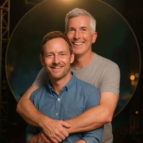 Warm Embrace of Two Men in Concert Setting