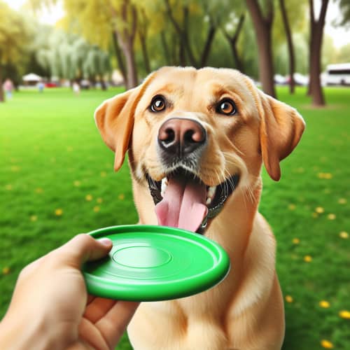 Playful Labrador Retriever Catching Frisbee in Green Park