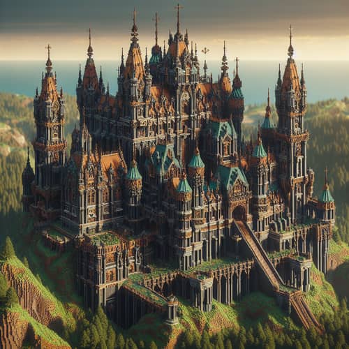 Gothic Castle on Hill with Copper Roofs in Minecraft 1.20
