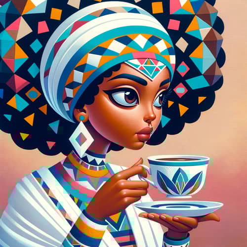 Ethiopian Woman in Cubist Painting Sipping Coffee | Geometric Embroidered Attire