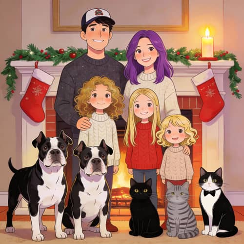 Cute Cartoon Family by the Christmas Fireplace