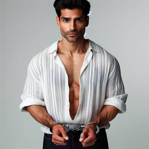 Handcuffed Hispanic Man with Toned Six-Pack | Calm & Resilient
