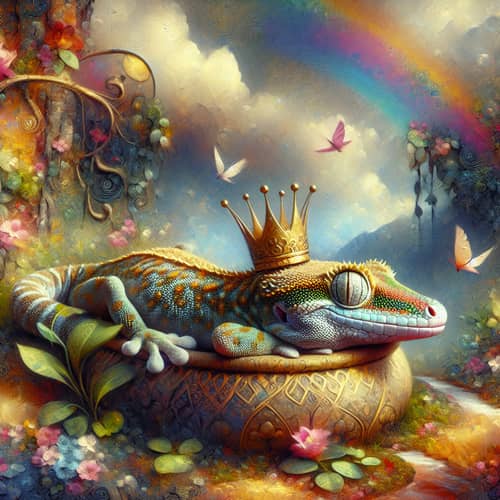 Whimsical Painting of Male Gecko with Golden Crown