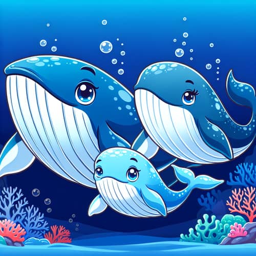 Cartoon-Style Whale Family Swimming in Deep Blue Ocean
