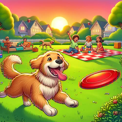 Playful Golden Retriever Chasing Frisbee at Golden Hour