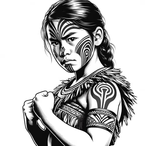 Young Maori Warrior Girl: Resilience and Strength in Monochrome Outline