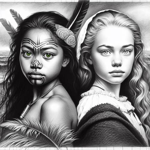 Striking Sketch of Maori and British Girls in 1800's NZ