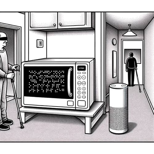 Black and White Drawing of Blind Person in House with Assistive Devices