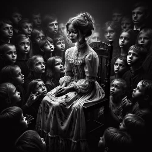 Dramatic Black and White Portrait of Young Girl in Victorian Dress