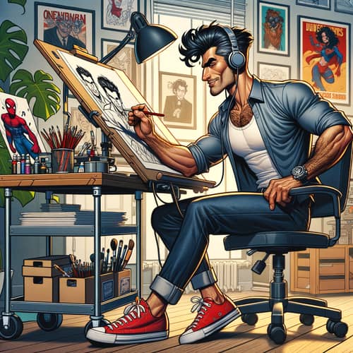 Engaged Hispanic Comic Illustrator Creating Art with Music
