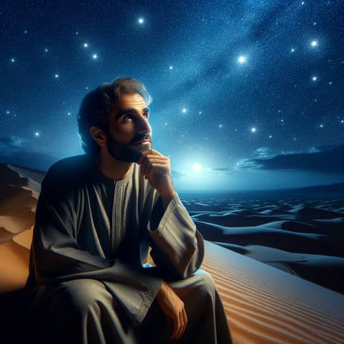 Middle-Eastern Genius Contemplating Stars in Secluded Desert