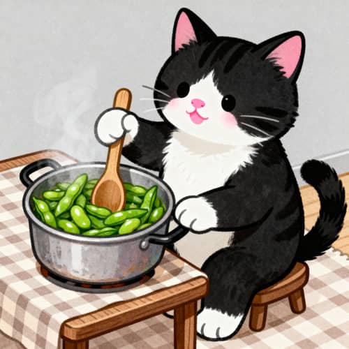 Black and White Cat Making Green Beans