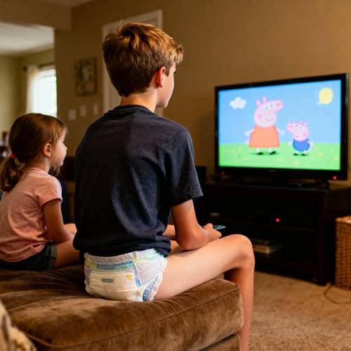 14-Year-Old Boy in Diaper Watching TV with 6-Year-Old Girl 14-Year-Old Boy in Diaper Watching TV with 6-Year-Old Girl