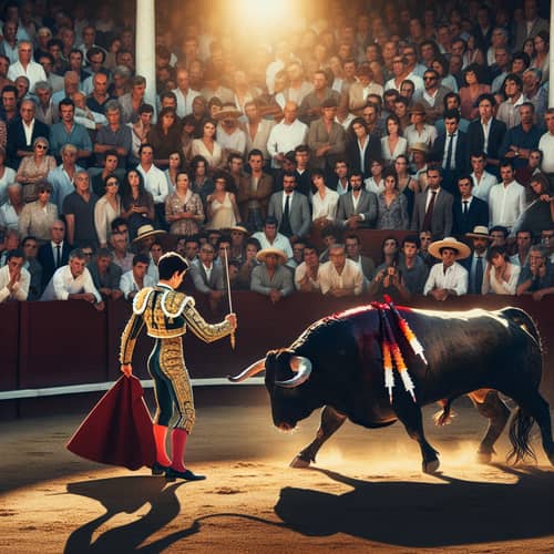 Traditional Bullfight Scene with Diverse Crowd: Tension in Bullring