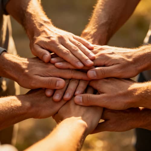 Teamwork and Unity: Joined Hands in Warm Lighting Teamwork and Unity: Joined Hands in Warm Lighting