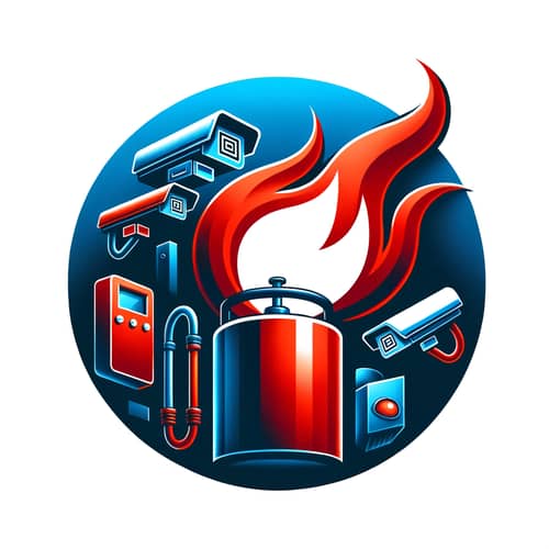 Realistic and Lively Logo in Blue and Red with Flame and Surveillance Theme