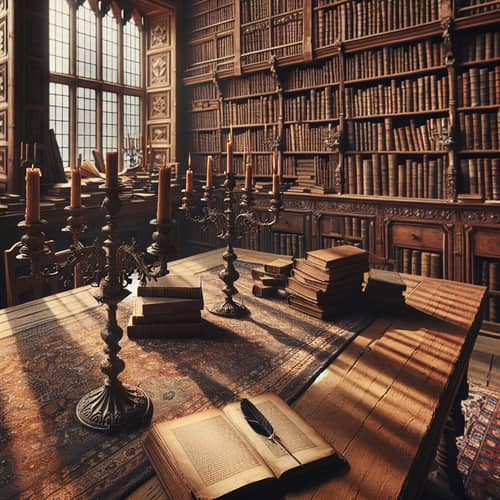 Vintage Library Scene | Old Books, Oak Table, Quill Pen