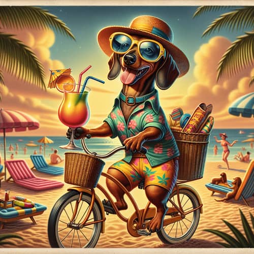 Dachshund in Stylish Beach Attire Enjoying Bike Ride on Sandy Shoreline