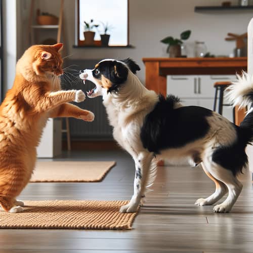 Playful Cat and Dog Fight in a Cozy Living Room