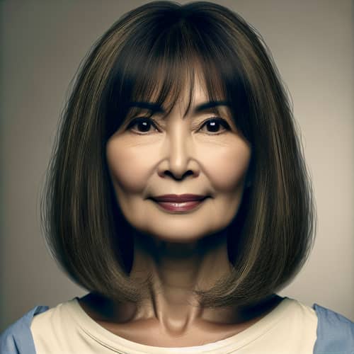 Middle-Aged Asian Woman with Wide Features and Long Bob Haircut
