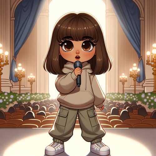 Brown-Haired Girl Singing on Grand Stage in Baggy Pants and Sweatshirt