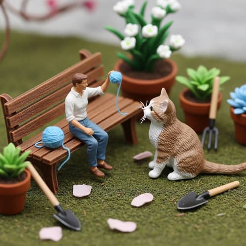 Miniature Garden Scene with Kitten and Yarn Miniature Garden Scene with Kitten and Yarn