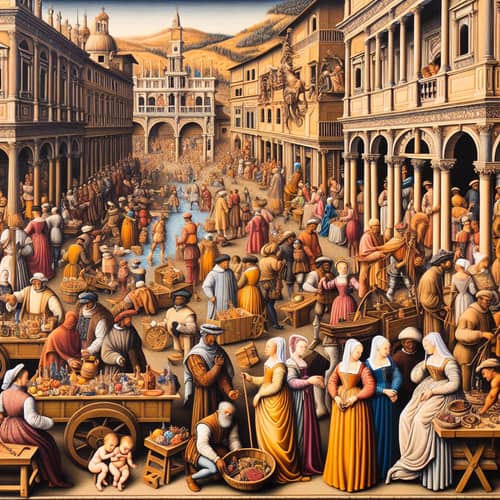 Renaissance Town Square with Diverse Characters in Traditional Attire