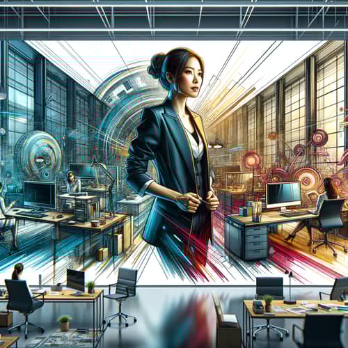 Confident East Asian Professional in Modern Office Space | Vibrant Colors & Technology-Inspired Scene