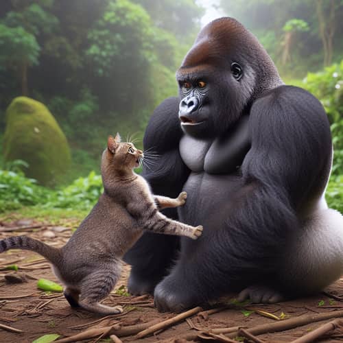 Cat vs Gorilla Wrestling Match: Playful Encounter in Natural Jungle