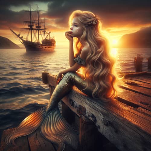 Melancholic Mermaid Watching Ship at Sunset