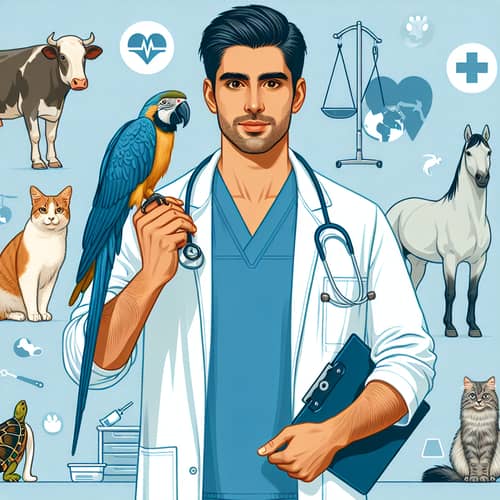 Young Hispanic Veterinary Doctor with Diverse Animals